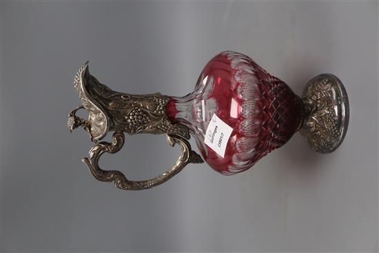 A modern silver mounted ruby flash cut glass claret jug, Da-mar Silverware, London, 1976, 32cm.